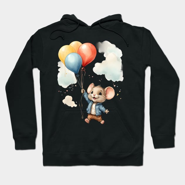 Cute Colorful Baby Mouse With Balloons Watercolor Design Hoodie by TF Brands